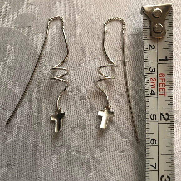 Silver Spiral Threader Earrings with Cross 🆕 Religious - Picture 6 of 14